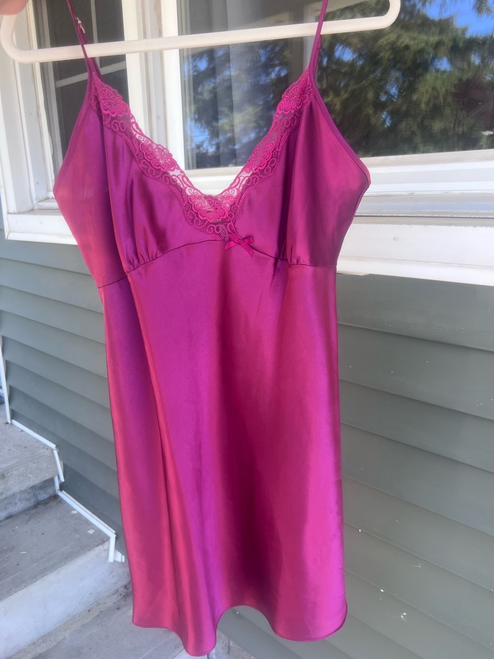 Delicates Vintage Magenta Satin Lace Trim Chemise Slip Dress Large